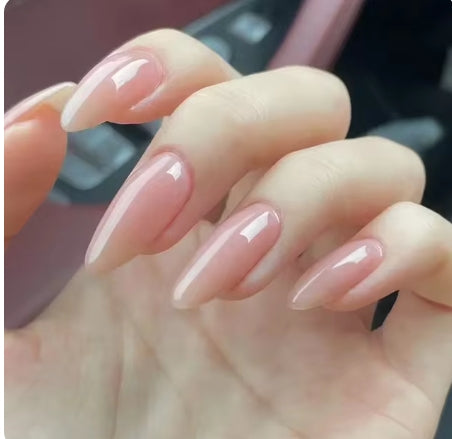 24Pcs Almond False Nails Pink Gradient Simple with French Design Wearable Fake Nails Short Full Cover Press on Nail Tips Art