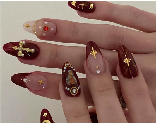 2024 New Ramadan Style False Nails with Gold Moon Star Design Almond Red French Fake Nail Patch Full Cover Detachable Manicure