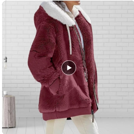 2023 New Women's Winter Coat Solid Color Warm Plush Large Size Ladies Coat Fall Winter Loose Plush Zipper Hooded Women's Coat